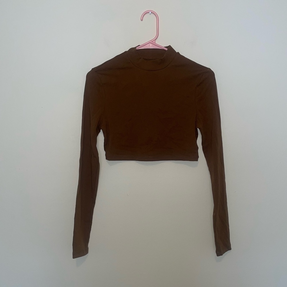 SHEIN Brown Cropped Mock Neck Long Sleeve Top Size Small